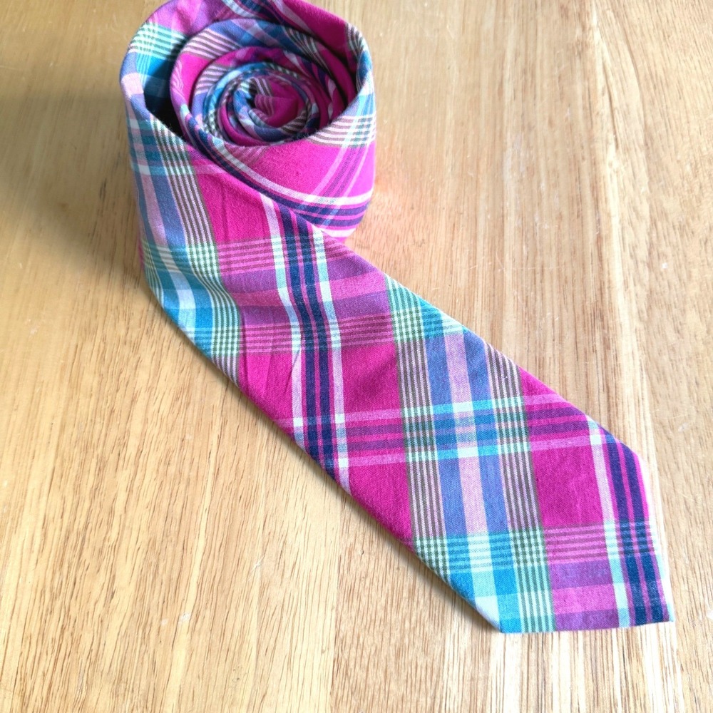 Pink Blue Madras Plaid Cotton Tie Necktie Preppy Ivy League Coastal Dad Hamptons